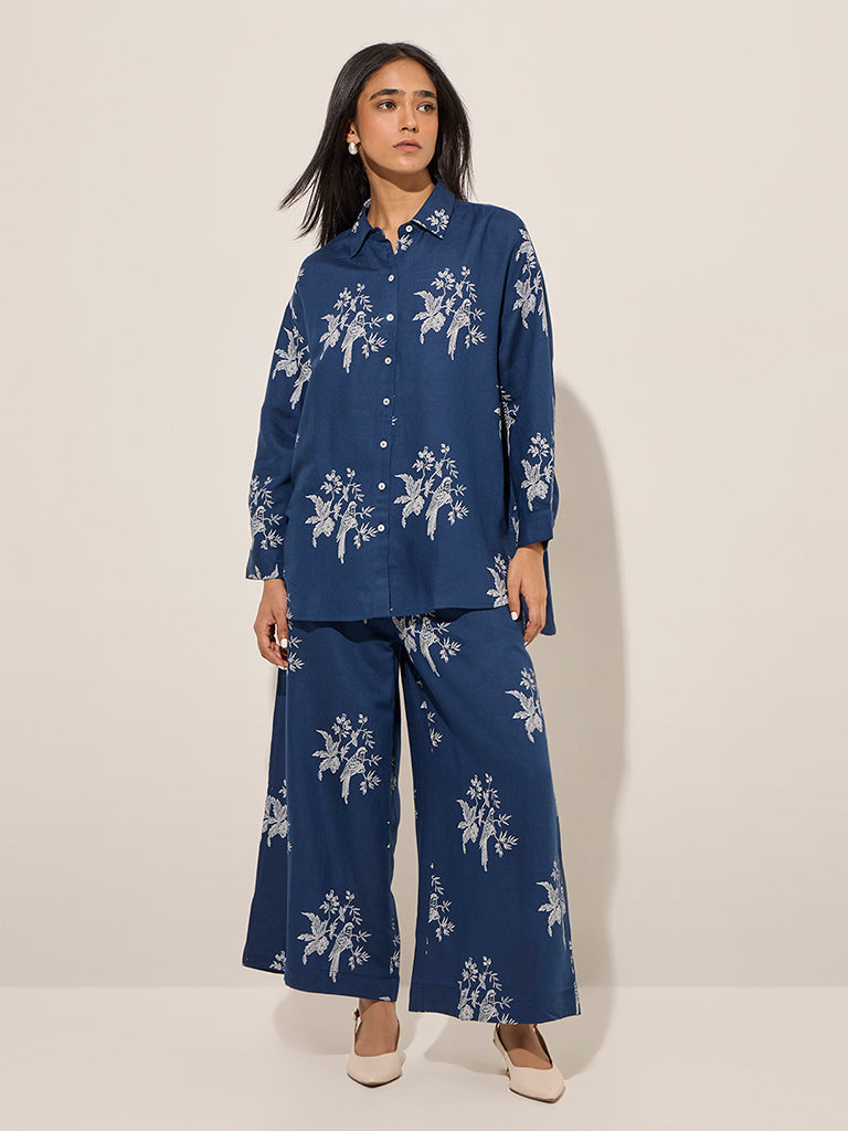 Zuba Blue Floral Printed Ethnic Cotton-Blend Pants