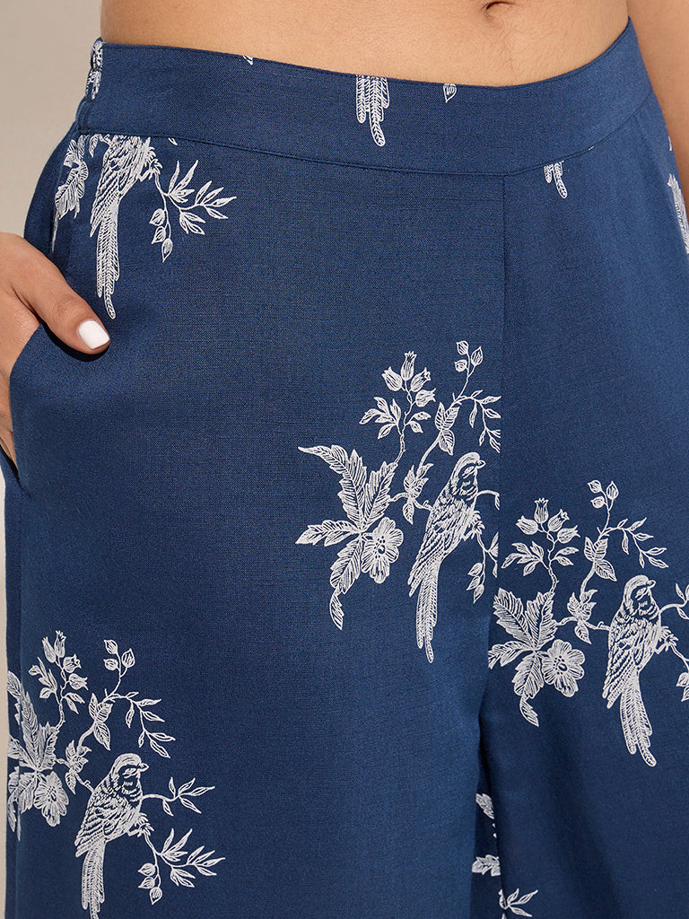 Zuba Blue Floral Printed Ethnic Cotton-Blend Pants