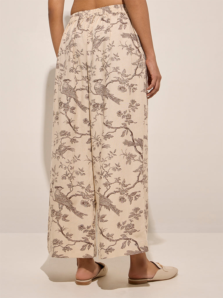 Zuba Beige Nature-Themed Cotton Palazzos