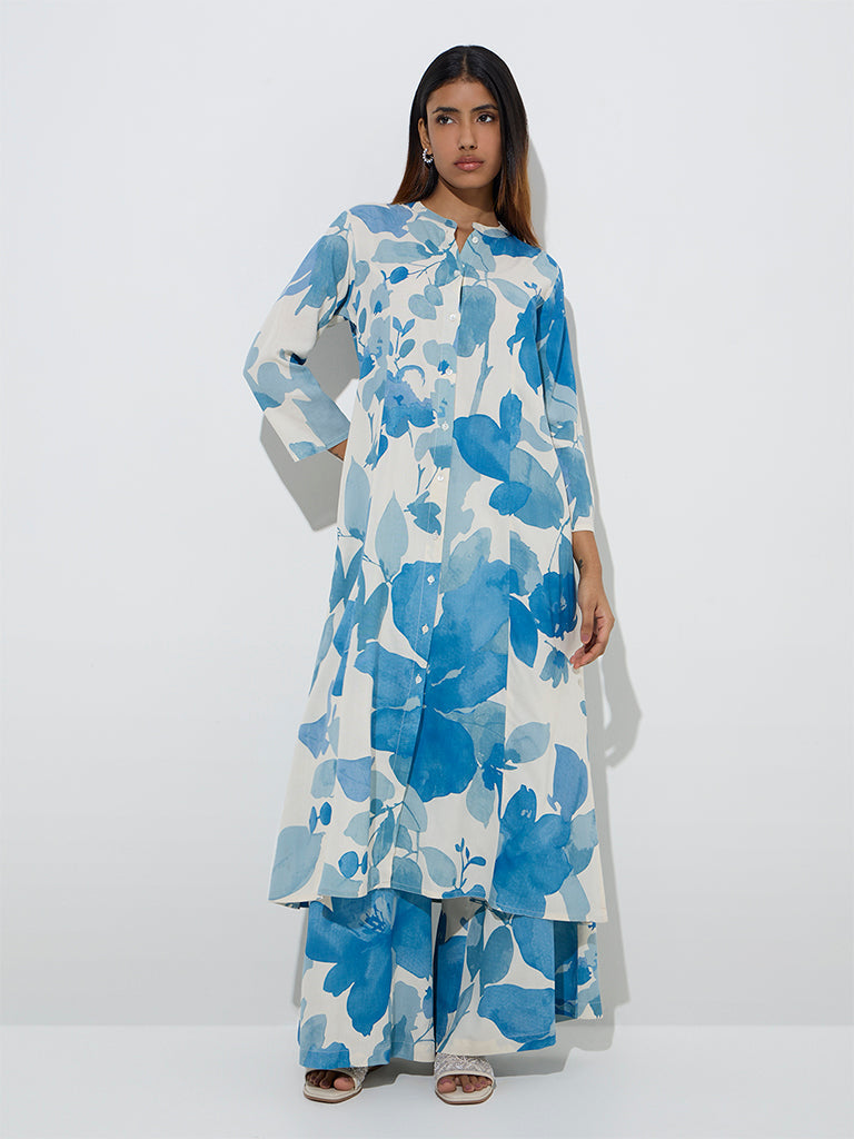 Utsa Blue Floral Printed A-Line Kurta