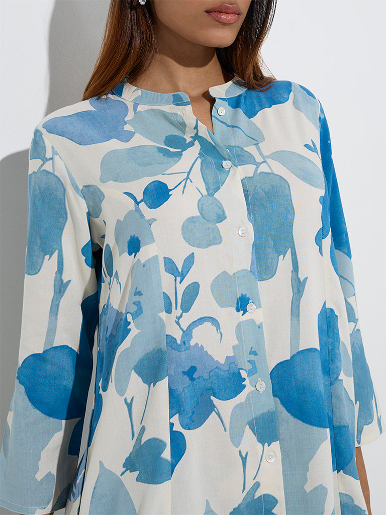 Utsa Blue Floral Printed A-Line Kurta