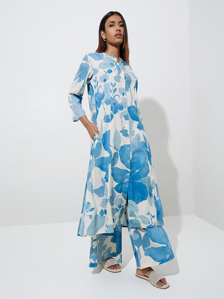 Utsa Blue Floral Printed A-Line Kurta