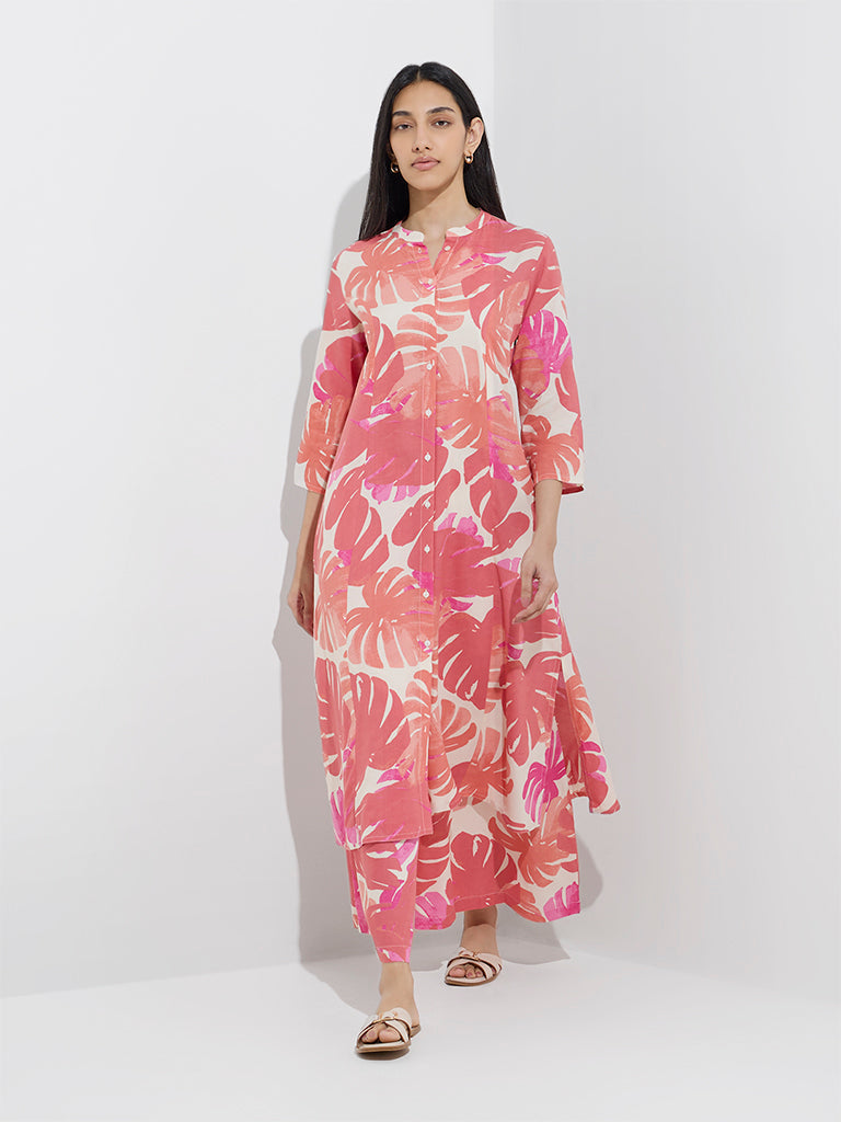 Utsa Dusty Pink Leaf Printed A-Line Kurta