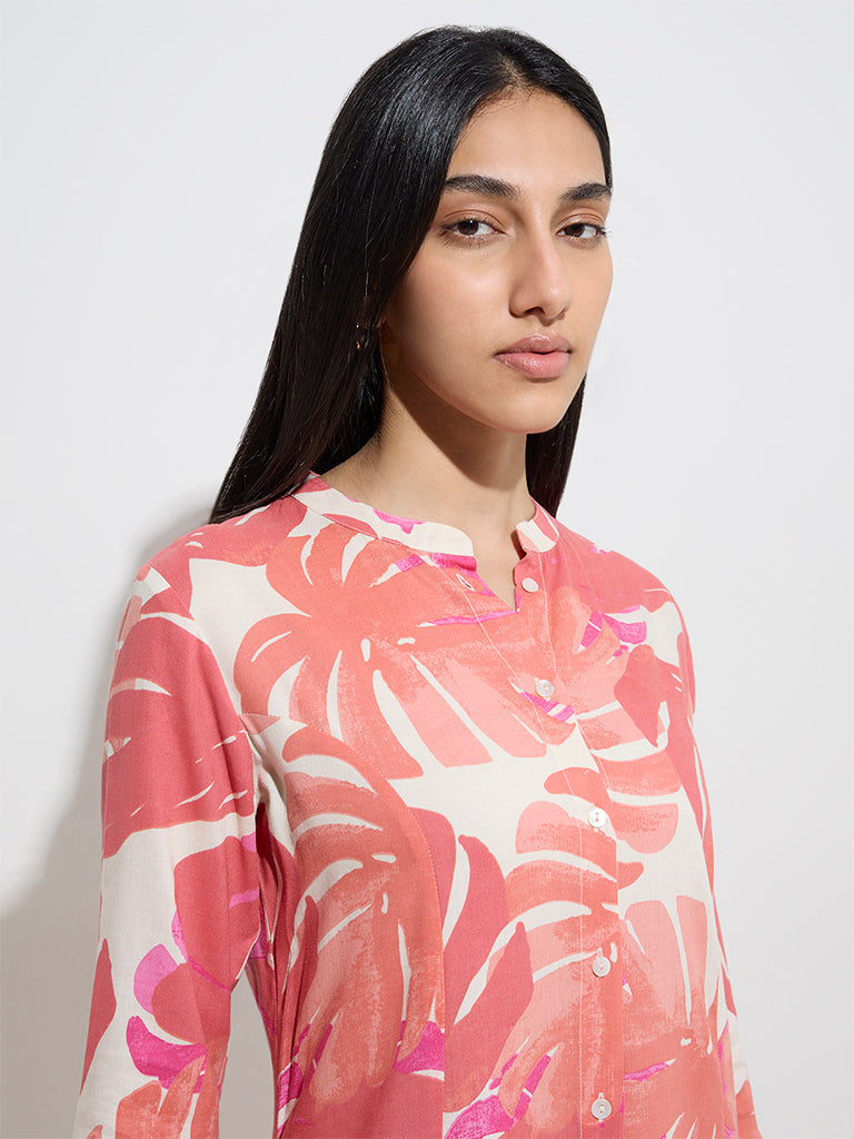 Utsa Dusty Pink Leaf Printed A-Line Kurta