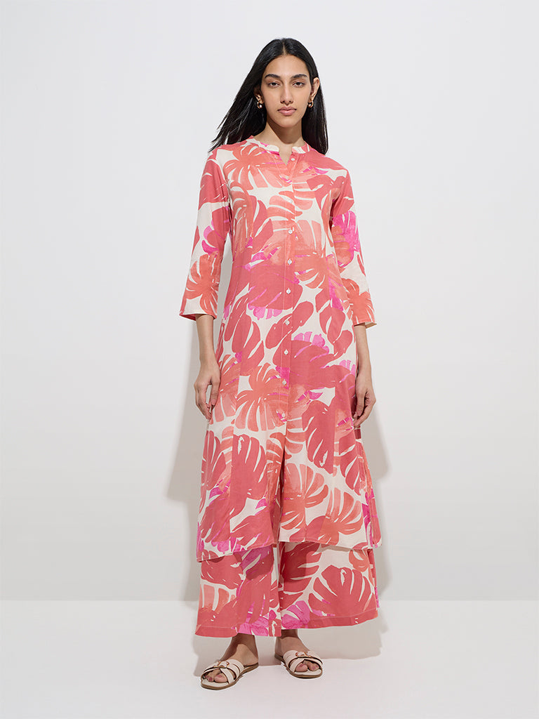 Utsa Dusty Pink Leaf Printed A-Line Kurta