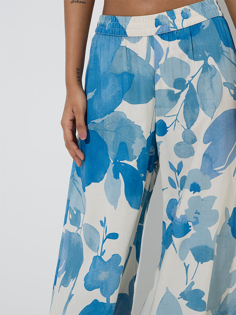 Utsa Blue Floral Design Palazzos
