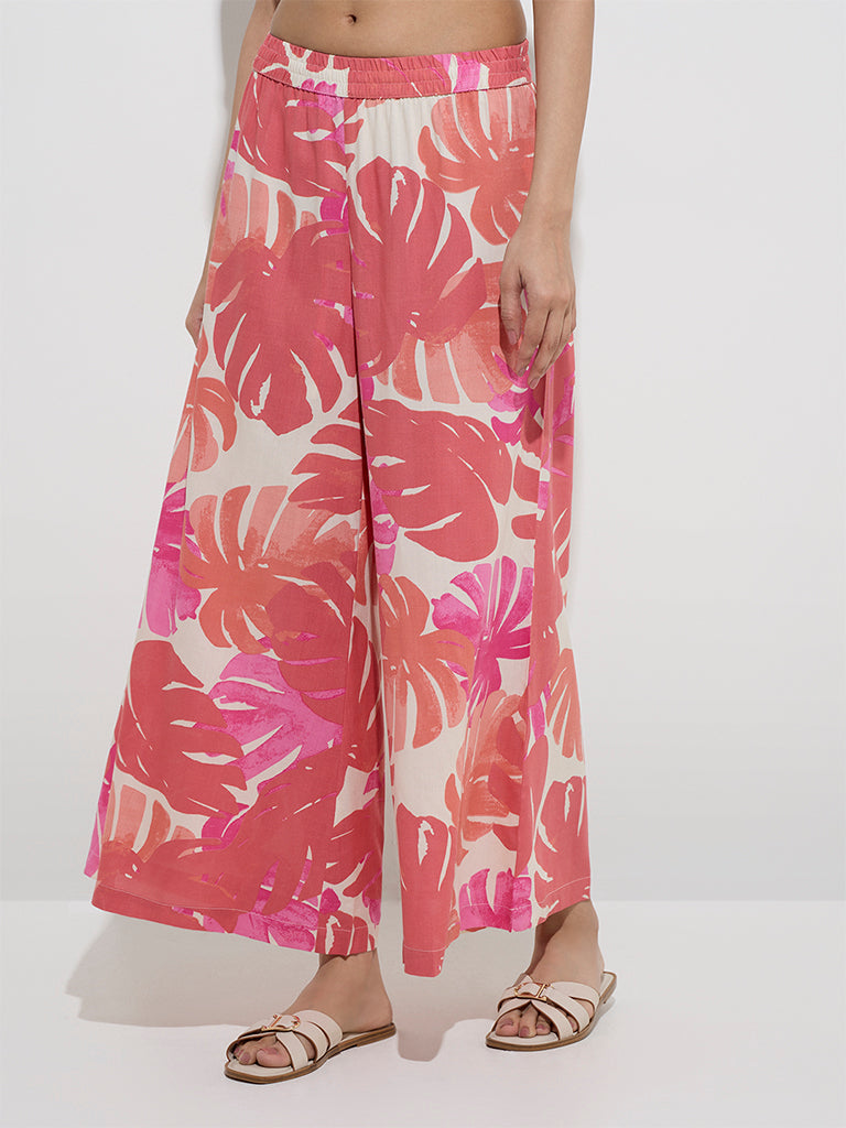 Utsa Dusty Pink Leaf Printed Palazzos