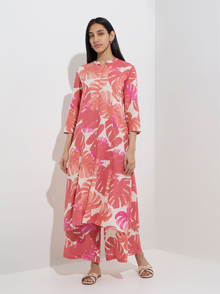 Utsa Dusty Pink Leaf Printed Palazzos