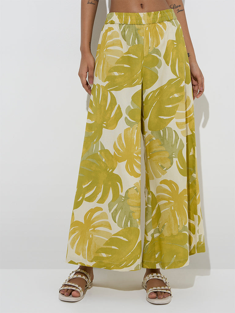 Utsa Lime Leaf Patterned Palazzos