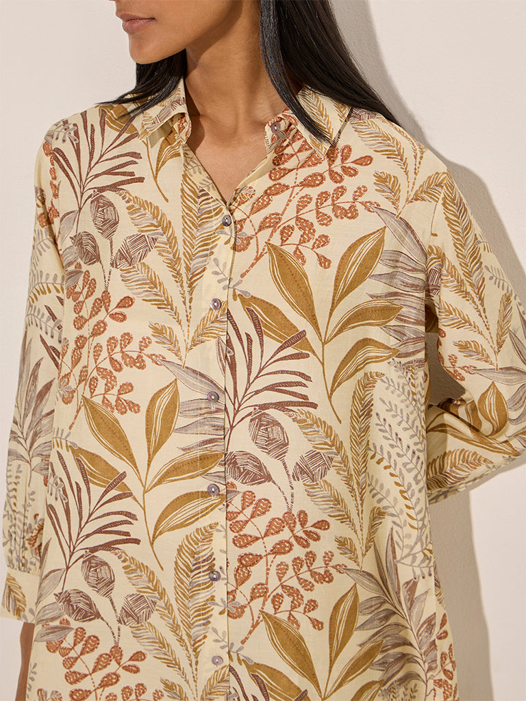 Utsa Beige Botanical Printed Cotton Tunic