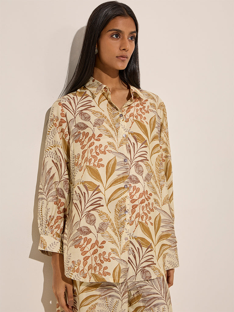 Utsa Beige Botanical Printed Cotton Tunic