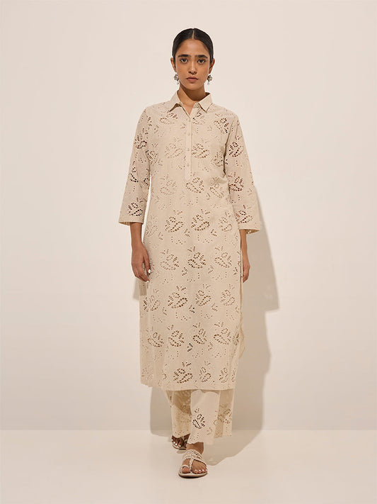 Zuba Beige Cut-Out Detailed Cotton A-Line Kurta