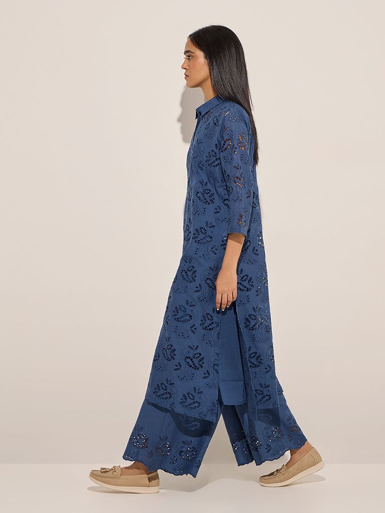 Zuba Blue Cut-Out Detailed Cotton A-Line Kurta