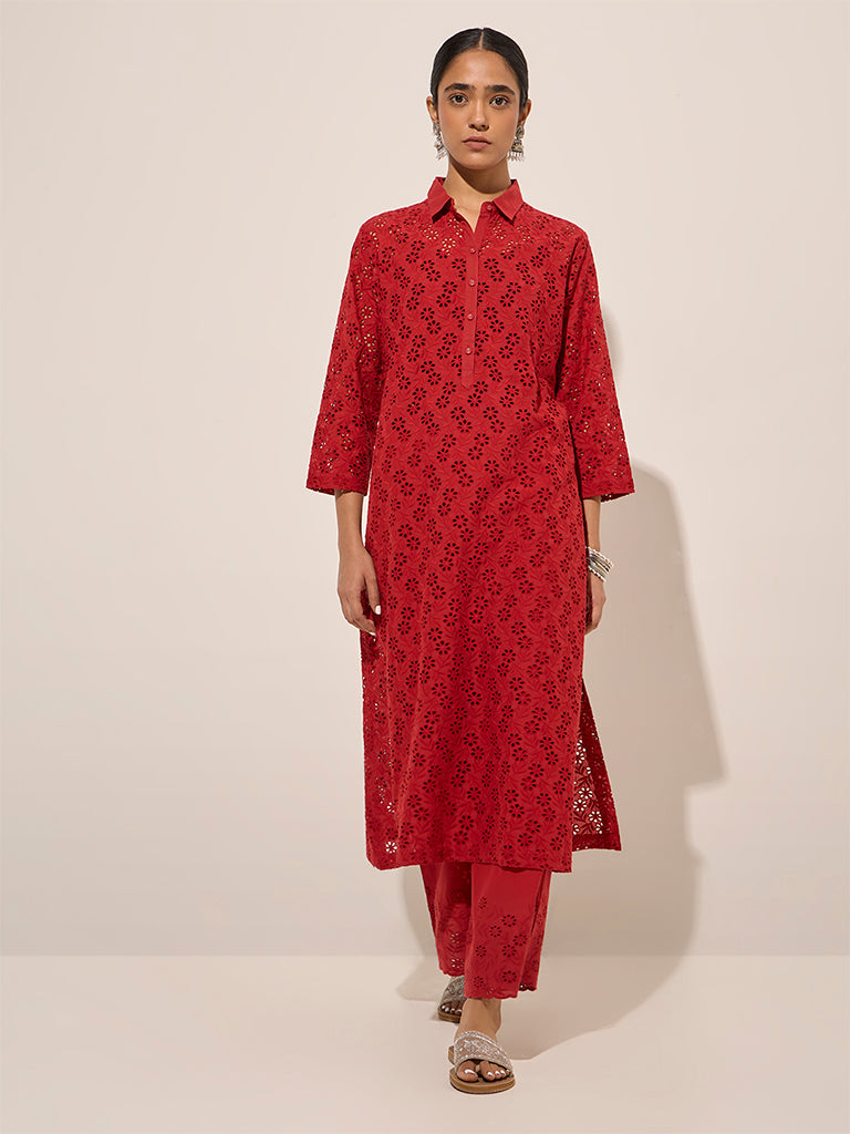 Zuba Red Floral Cut-Out Detailed A-Line Cotton Kurta