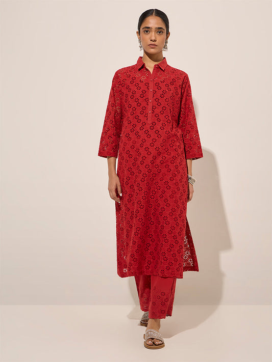 Zuba Red Floral Cut-Out Detailed A-Line Cotton Kurta
