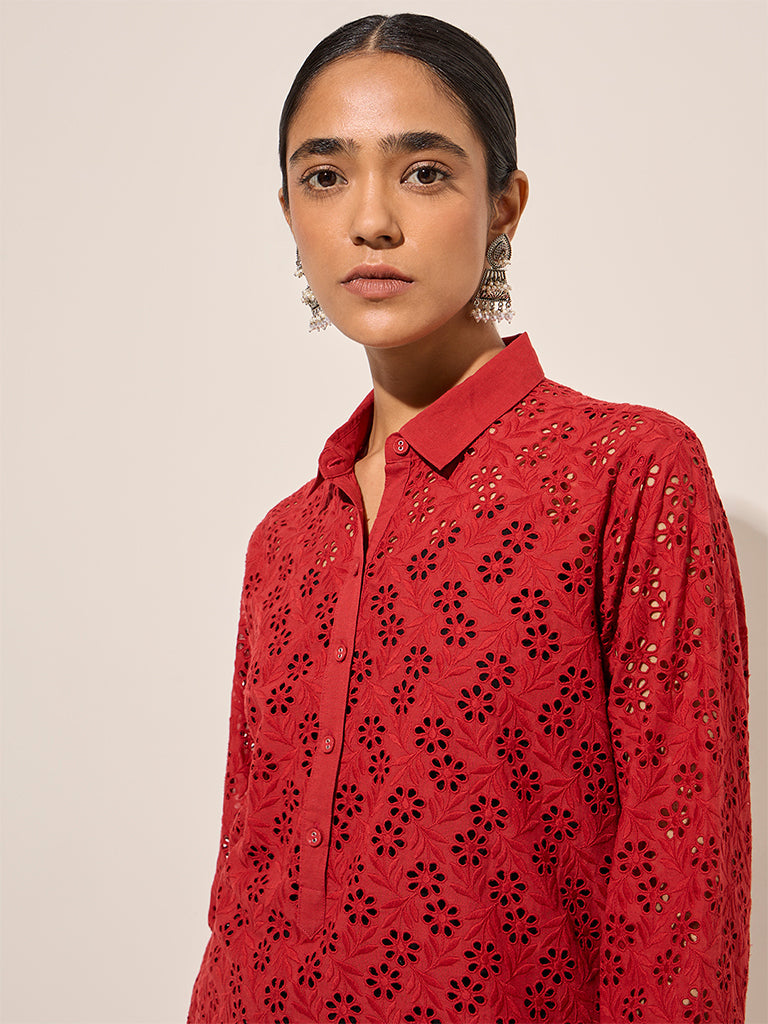 Zuba Red Floral Cut-Out Detailed A-Line Cotton Kurta