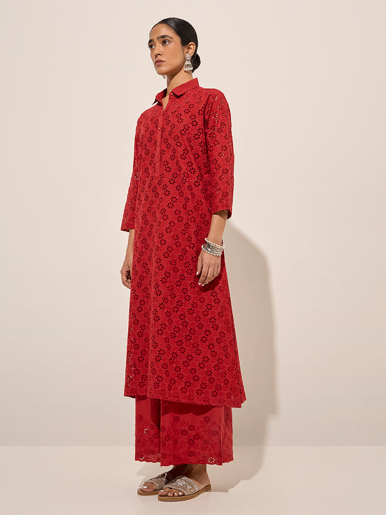 Zuba Red Floral Cut-Out Detailed A-Line Cotton Kurta