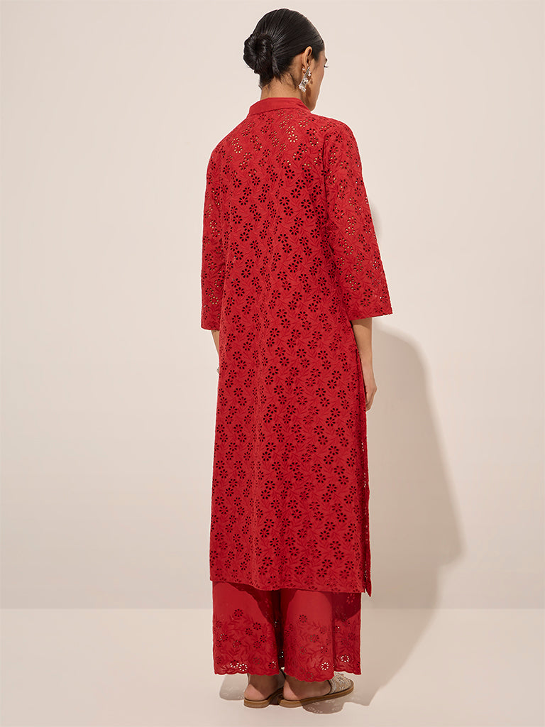 Zuba Red Floral Cut-Out Detailed A-Line Cotton Kurta