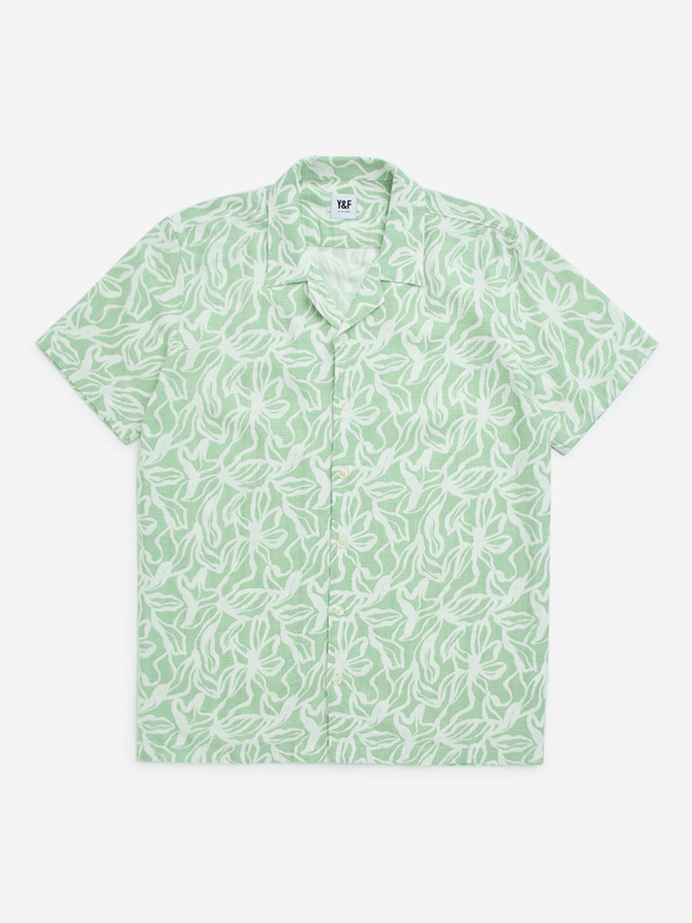 Y&F Kids Sage Green Printed Cotton Shirt