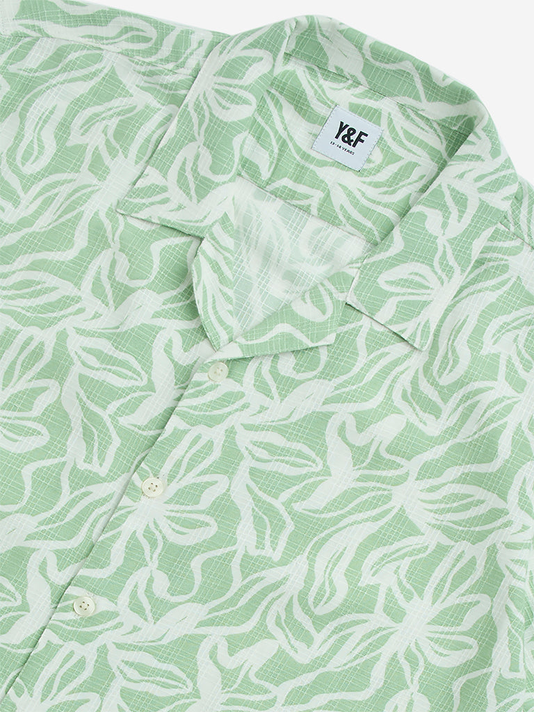 Y&F Kids Sage Green Printed Cotton Shirt