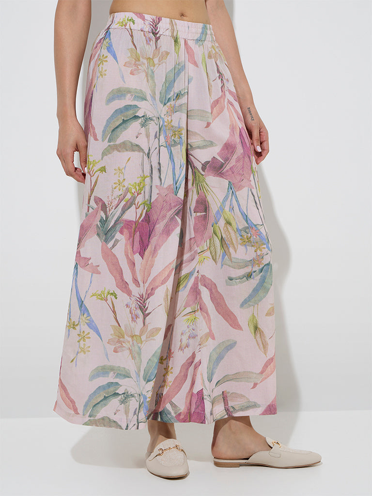 Zuba Dusty Pink Foliage Printed Palazzos