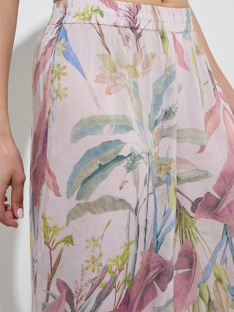 Zuba Dusty Pink Foliage Printed Palazzos
