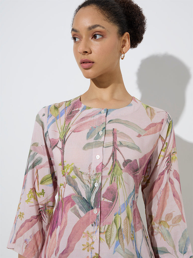 Zuba Dusty Pink Foliage Patterned A-Line Kurta