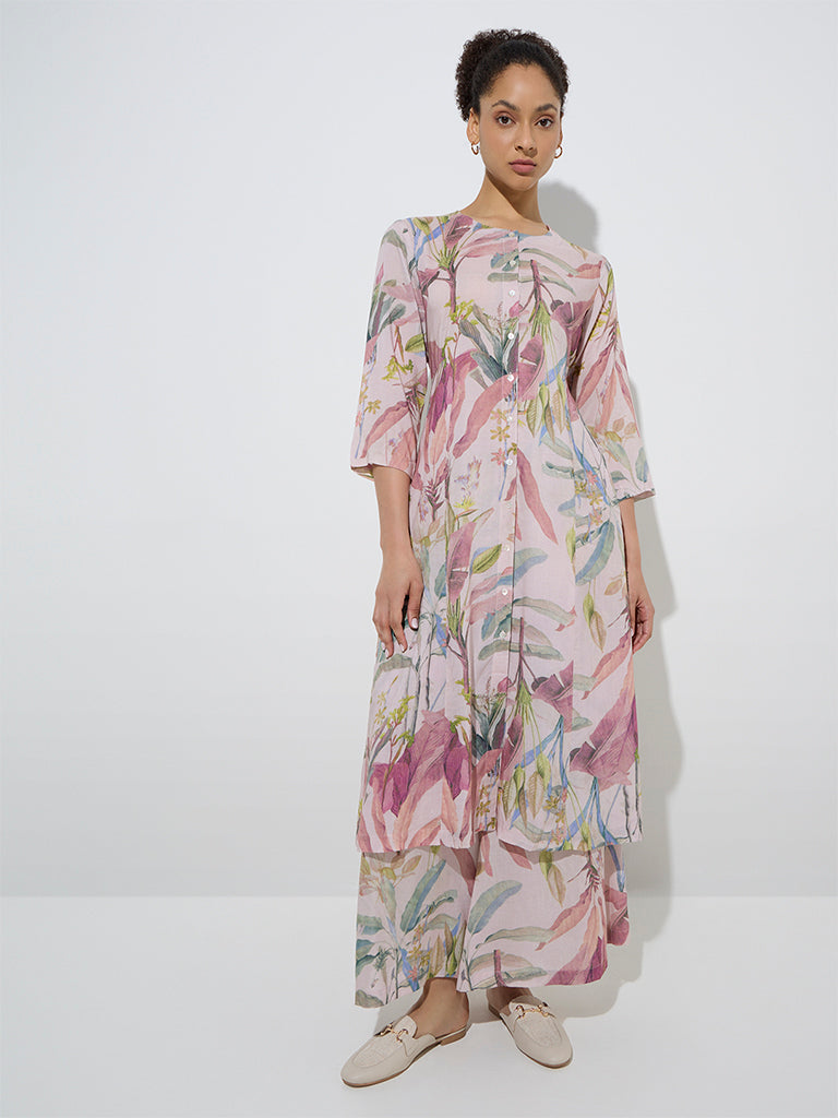 Zuba Dusty Pink Foliage Patterned A-Line Kurta