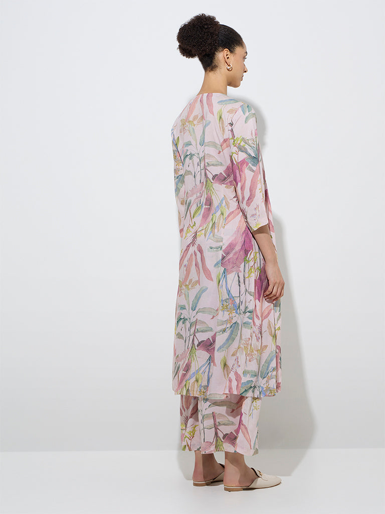 Zuba Dusty Pink Foliage Patterned A-Line Kurta