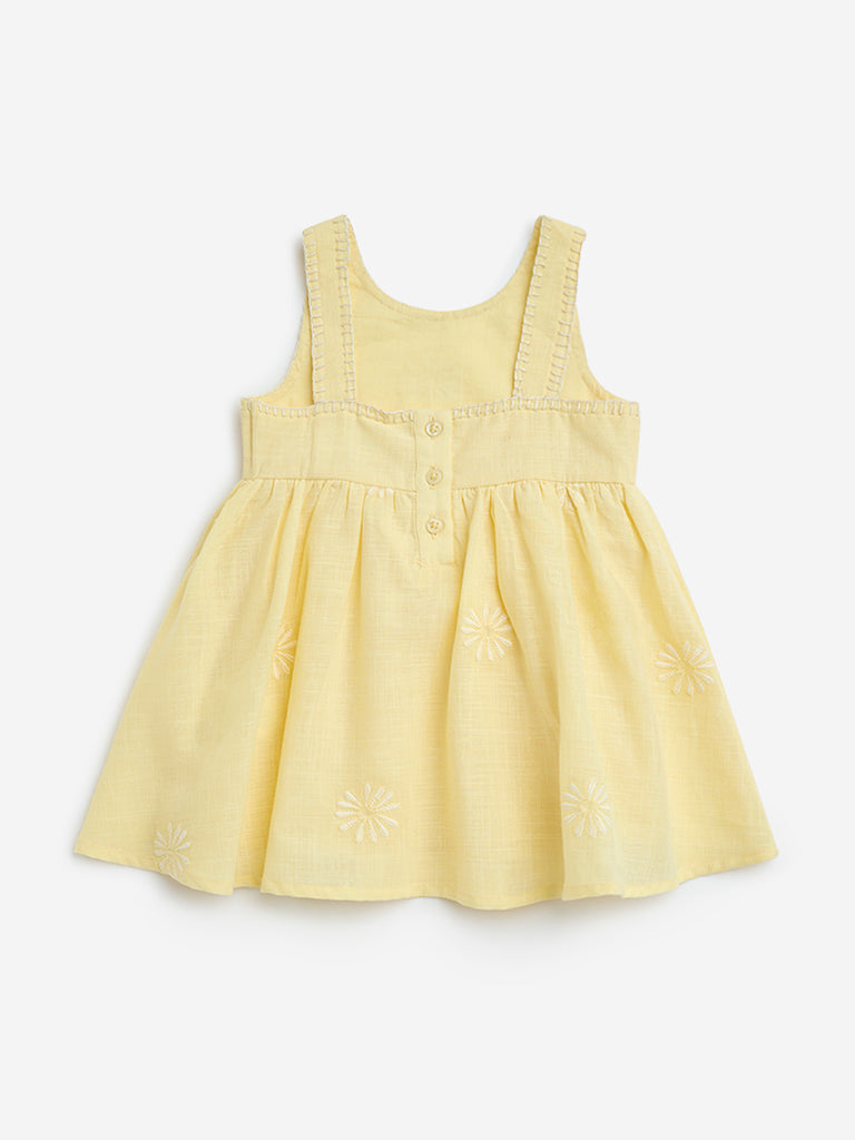 HOP Baby Yellow Floral Embroidered Cotton A-Line Dress