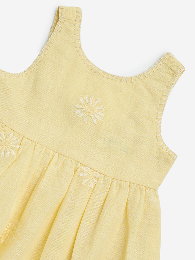 HOP Baby Yellow Floral Embroidered Cotton A-Line Dress
