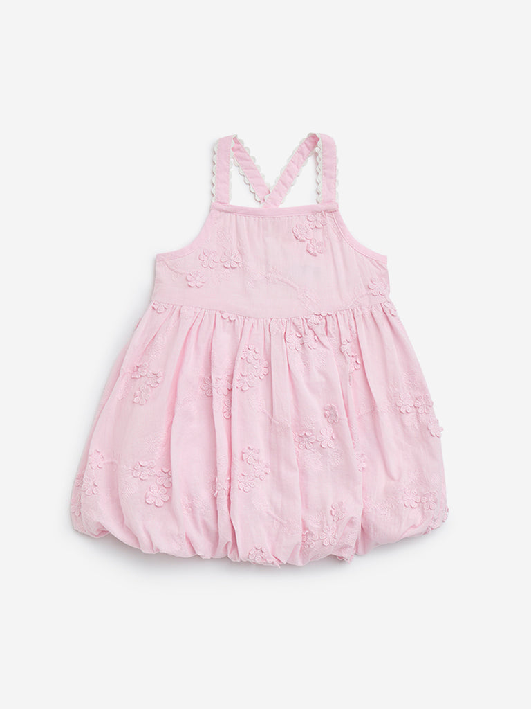 HOP Baby Pink Floral Embroidered Cotton Balloon Dress