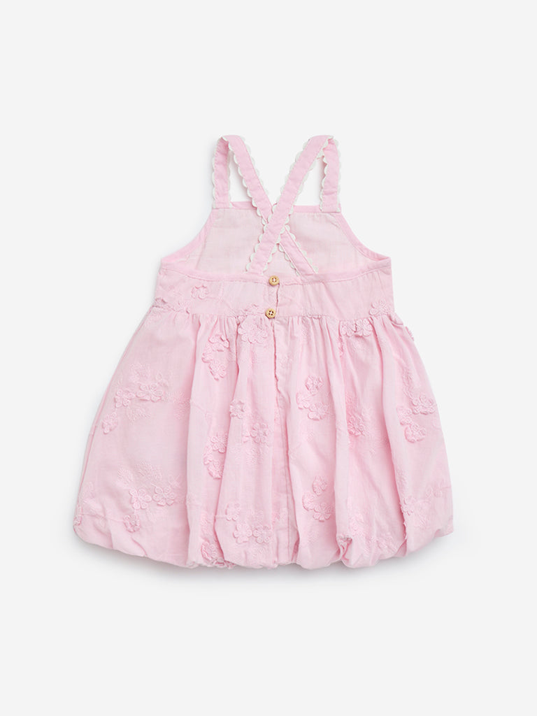 HOP Baby Pink Floral Embroidered Cotton Balloon Dress