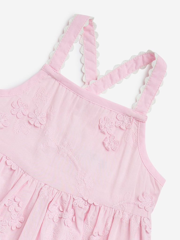 HOP Baby Pink Floral Embroidered Cotton Balloon Dress