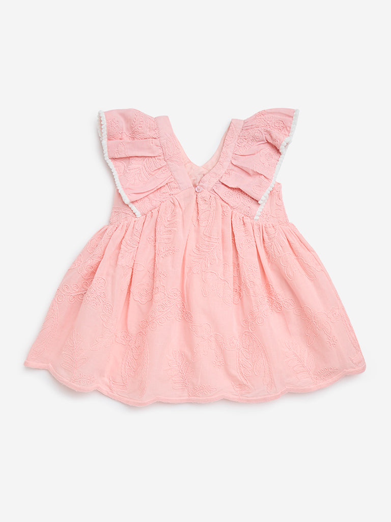 HOP Baby Peach Floral Embroidered Cotton Fit-and-Flare Dress
