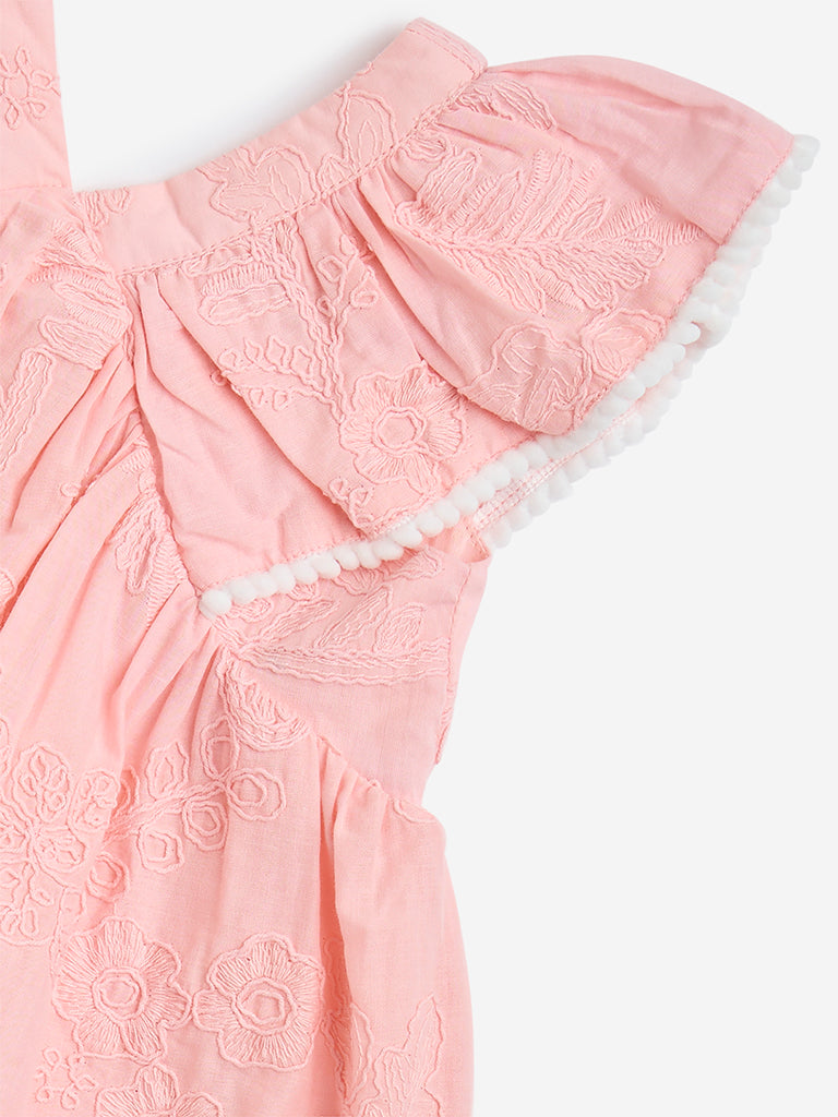 HOP Baby Peach Floral Embroidered Cotton Fit-and-Flare Dress