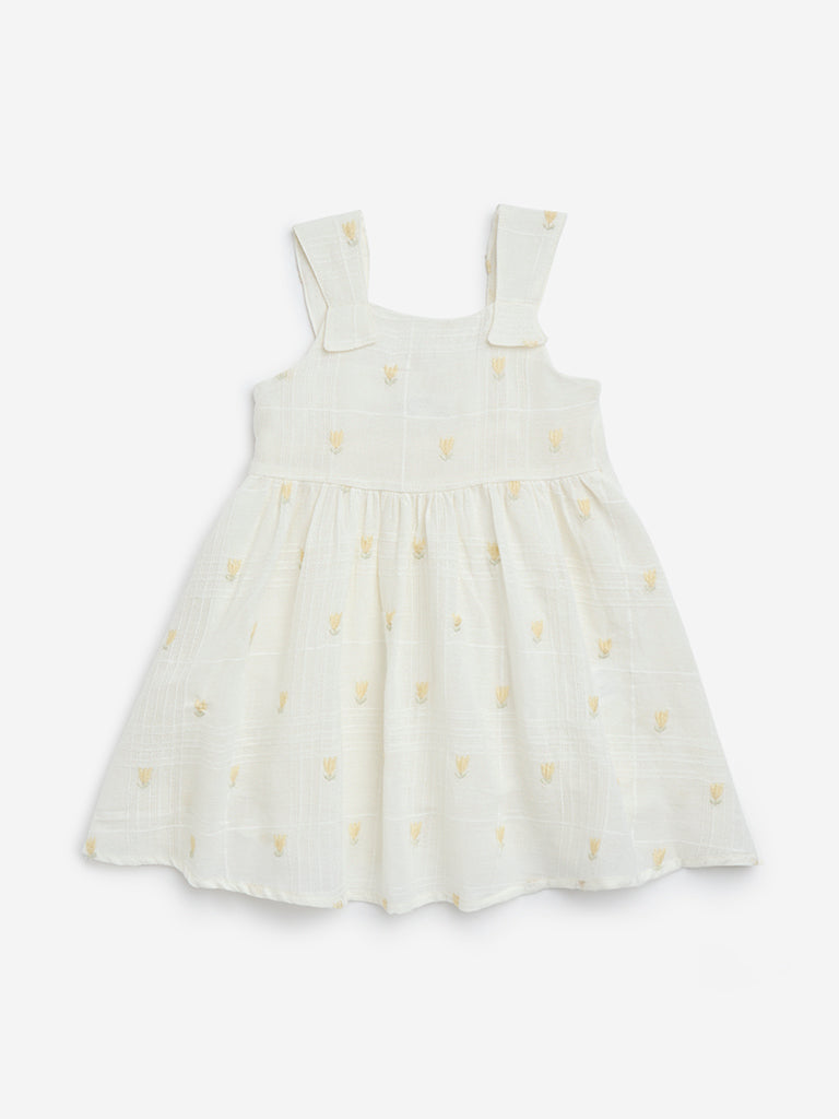 HOP Baby Off-White Floral Design A-Line Cotton Dress