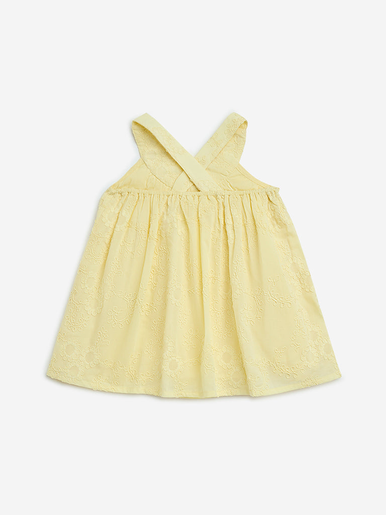 HOP Baby Yellow Floral Embroidered Cotton A-Line Dress
