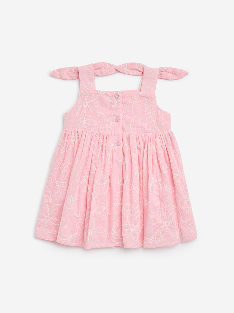 HOP Baby Pink Floral Embroidered Fit-and-Flare Cotton Dress