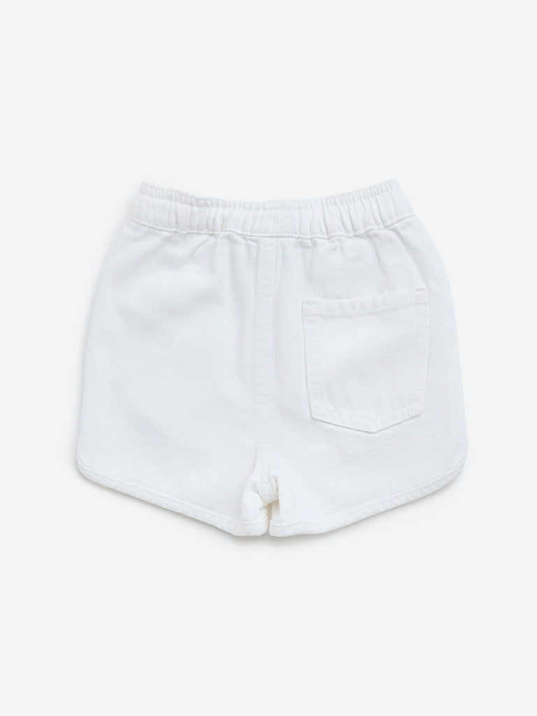 HOP Kids White Embroidered Mid-Rise Denim Shorts