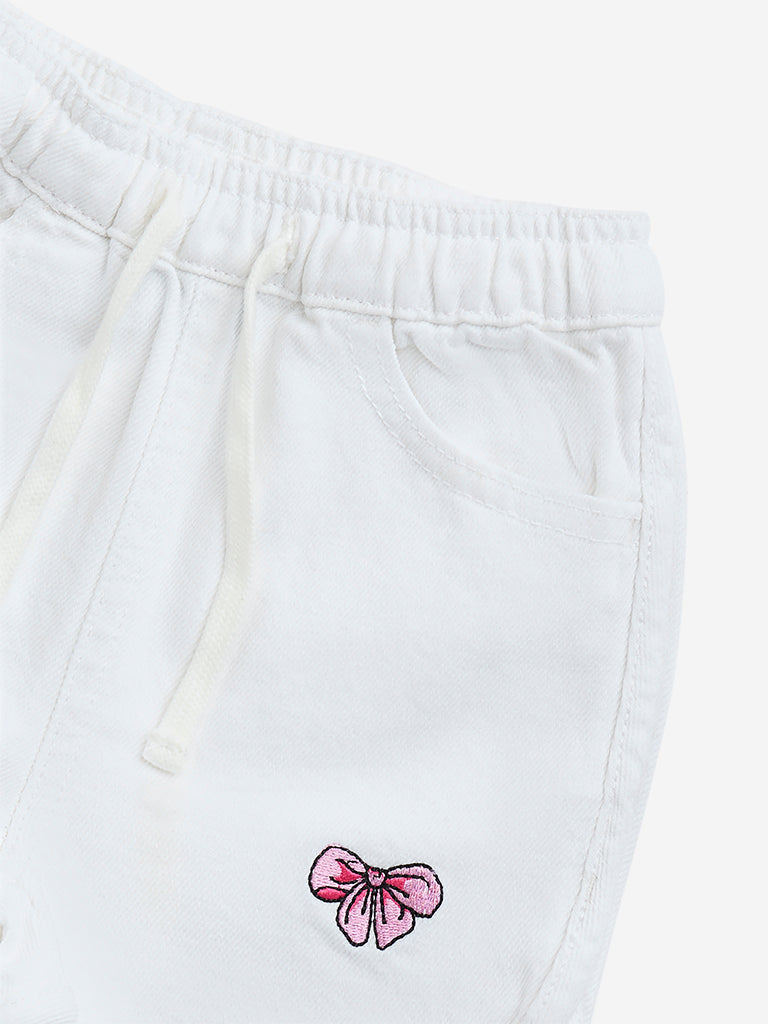 HOP Kids White Embroidered Mid-Rise Denim Shorts