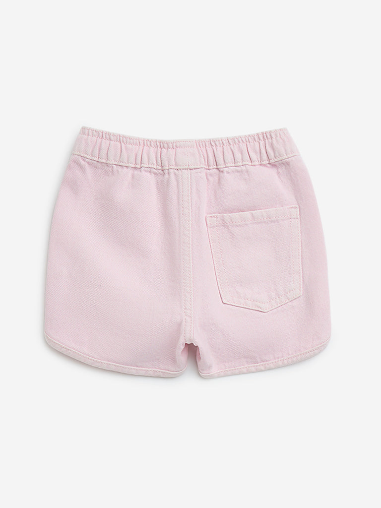 HOP Kids Pink Heart-Detailed Denim Mid-Rise Shorts