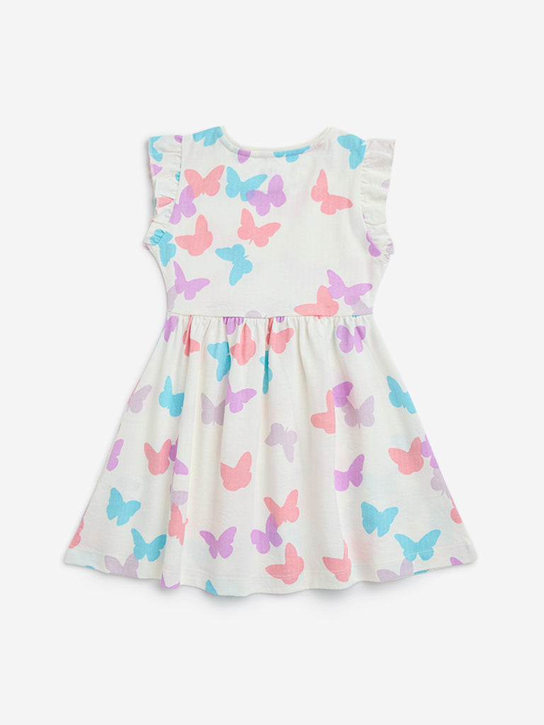 HOP Kids Off-White Butterfly Design Cotton A-Line Dress