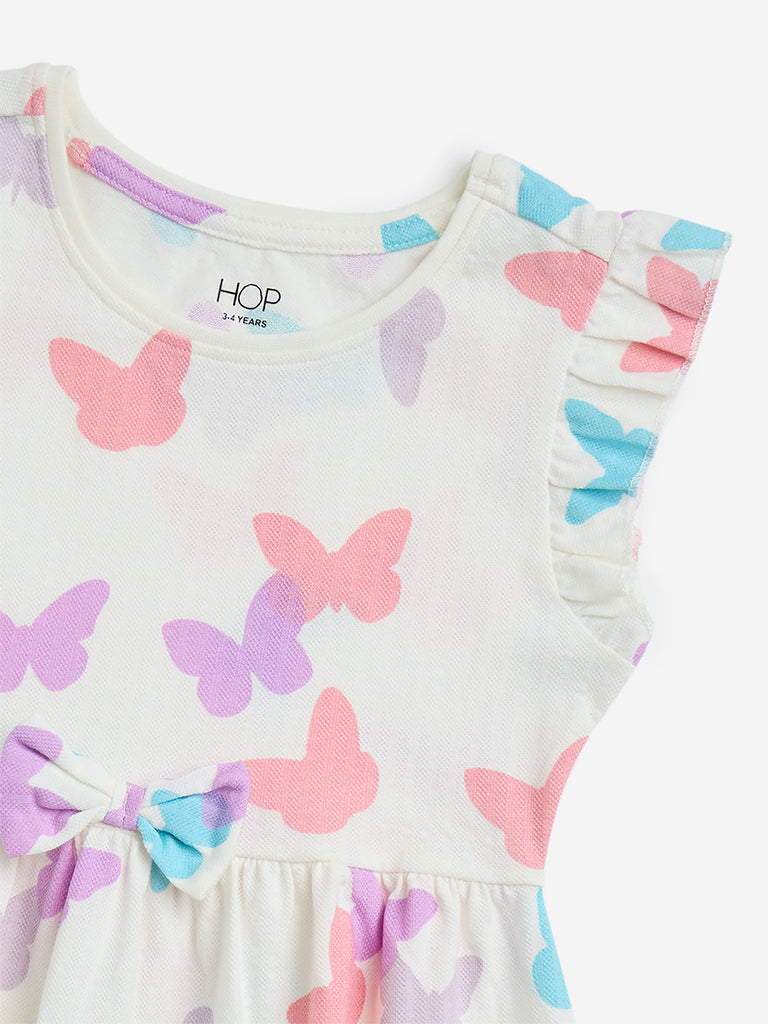 HOP Kids Off-White Butterfly Design Cotton A-Line Dress