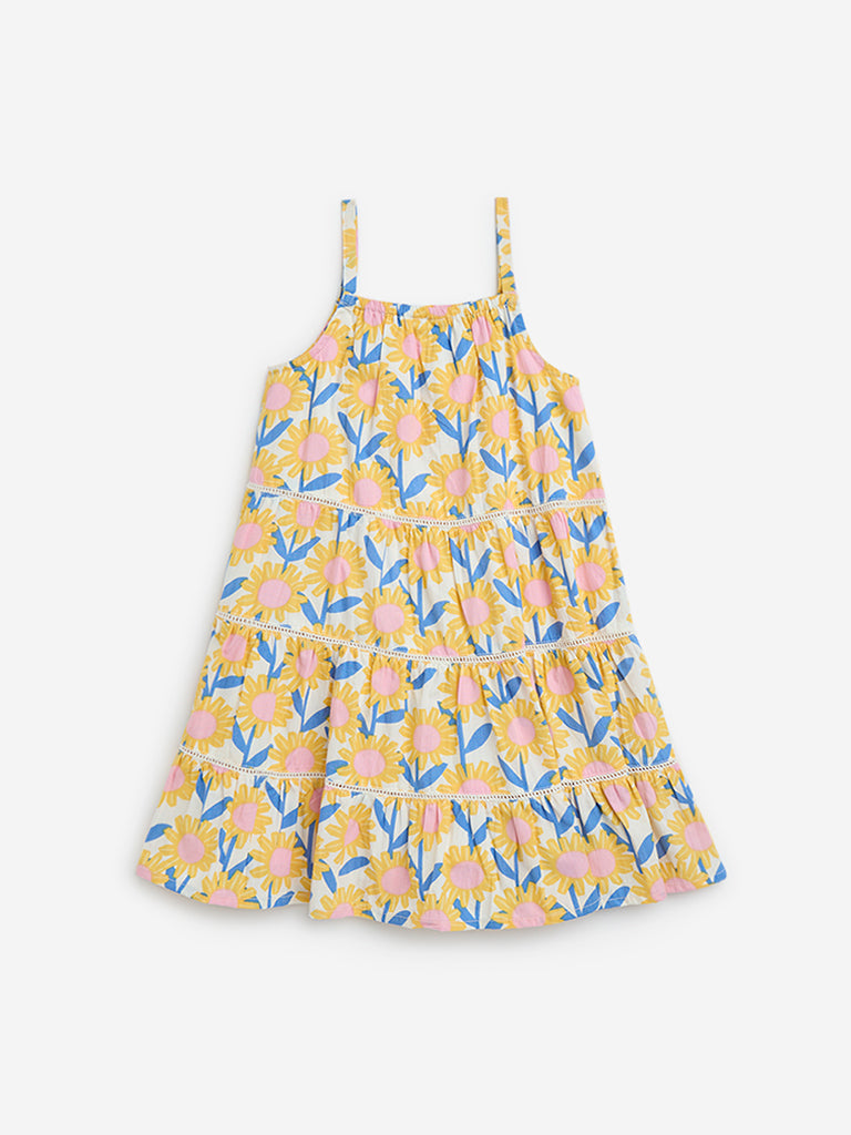 HOP Kids Yellow Floral Pattern Cotton Tiered Dress