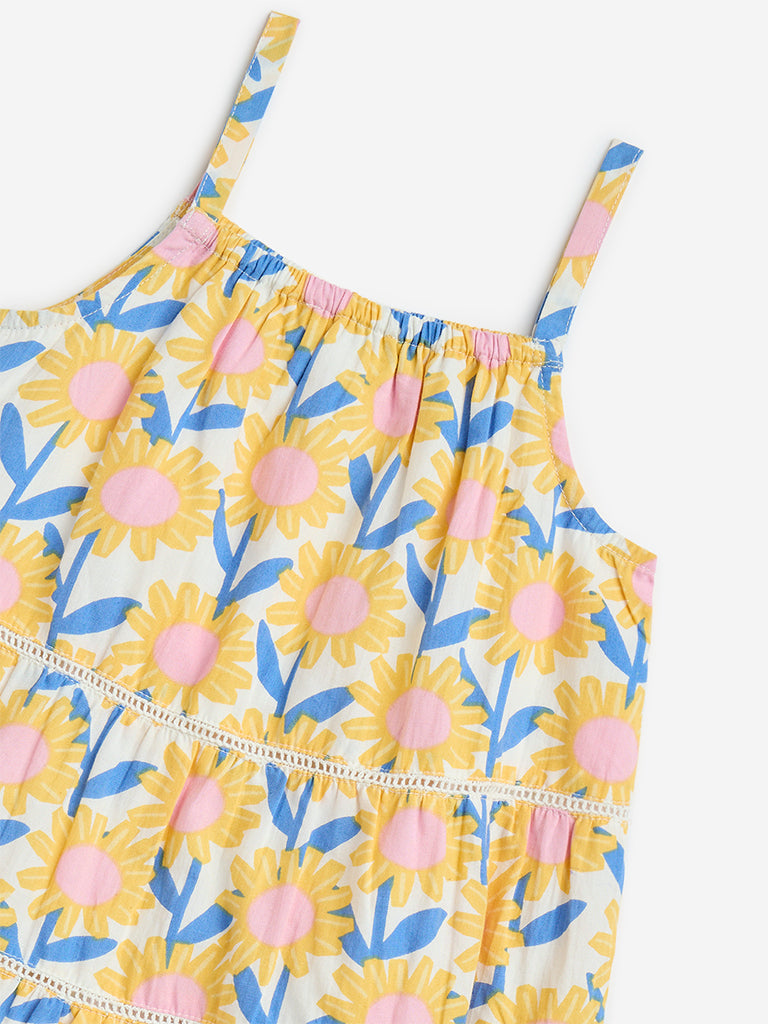 HOP Kids Yellow Floral Pattern Cotton Tiered Dress