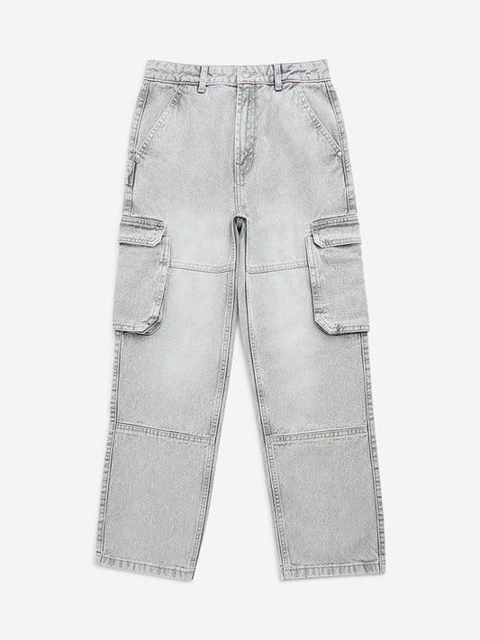 Y&F Kids Grey Cargo-Style Relaxed-Fit Mid-Rise Jeans
