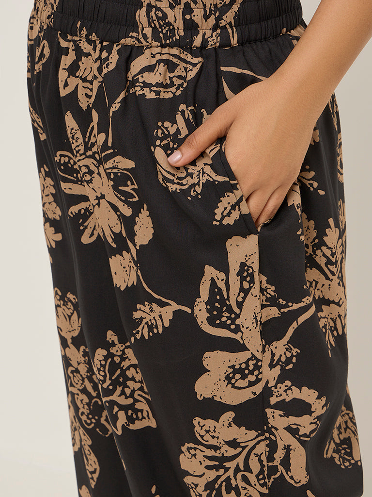 Diza Black Floral Print Palazzos