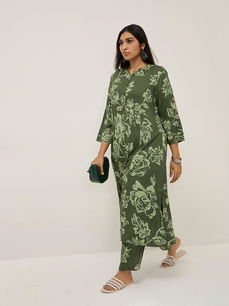 Diza Olive Floral Design Palazzos