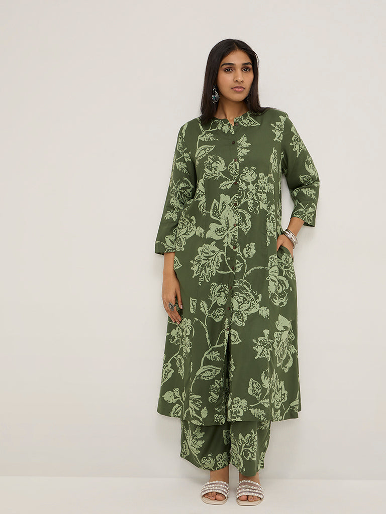 Diza Olive Floral Pattern A-Line Kurta